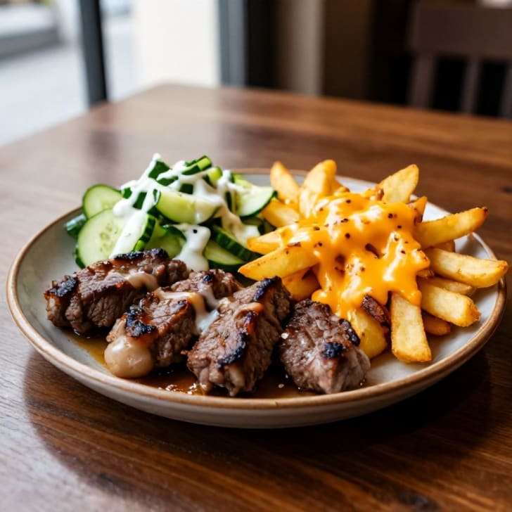 Herzhafte Rinder-Cevapcici mit käsigen Pommes Frites und erfrischendem Gurkensalat