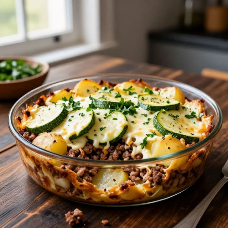 Herzhafter Faschiertes-Kartoffel-Gratin mit Zucchini und Mozzarella
