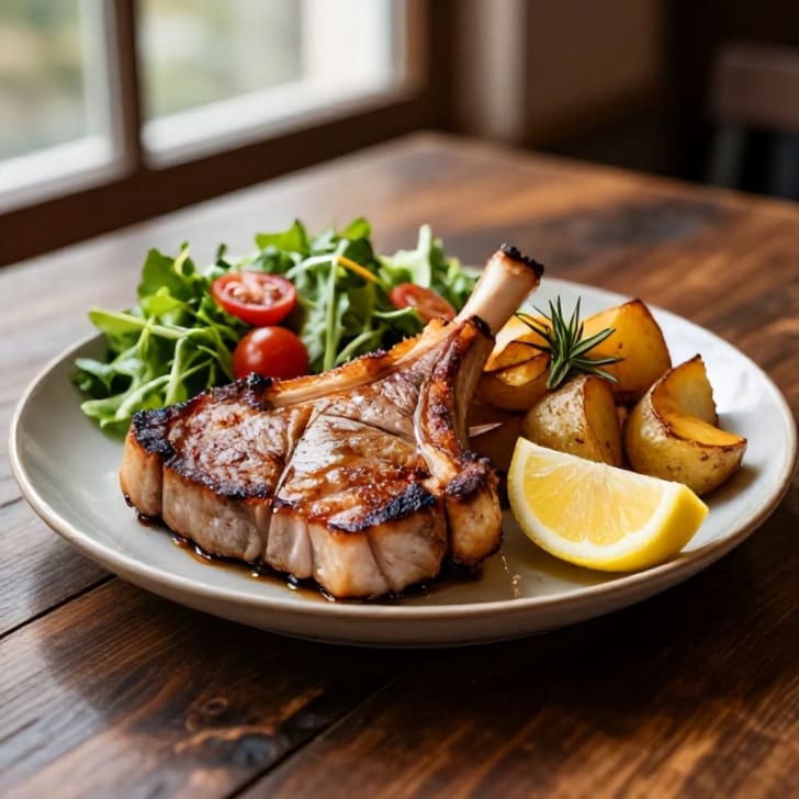 Mediterrane Schweinekarree-Steaks mit Rosmarinkartoffeln und frischem grünem Salat