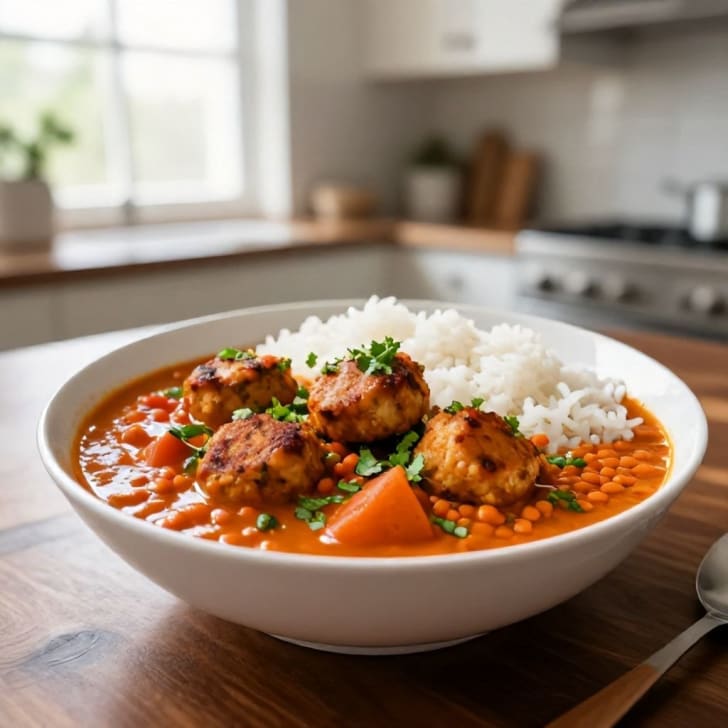 Cremiges Rote-Linsen-Gemüse-Curry mit pflanzlichen Medaillons