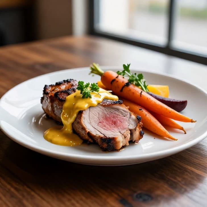 Schweinslungenbraten mit geröstetem Wurzelgemüse und cremiger Senfsauce