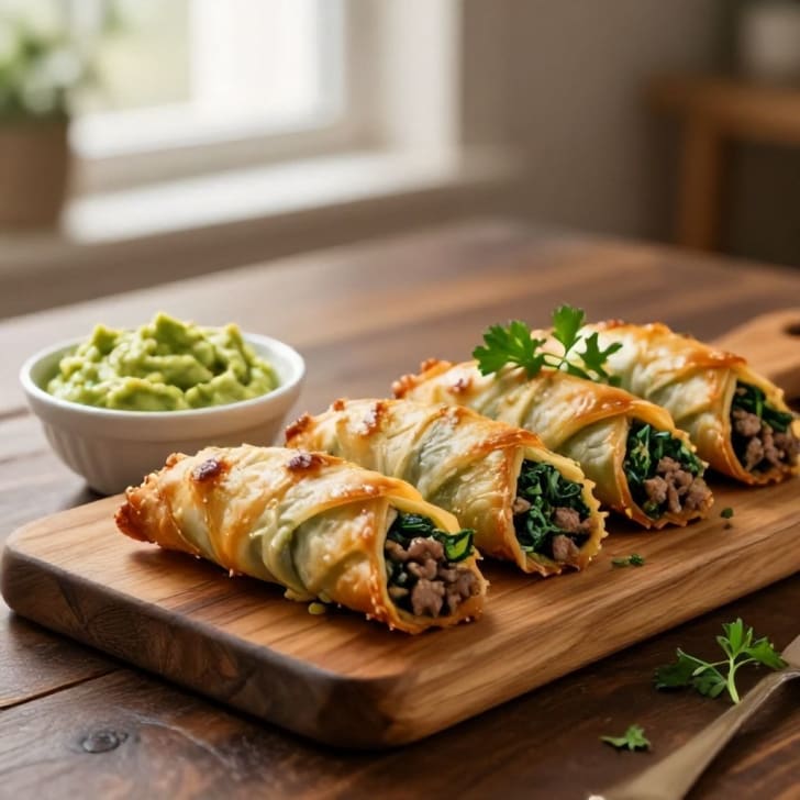 Herzhafte Faschierte-Spinat-Börek-Rollen mit Joghurt-Dip