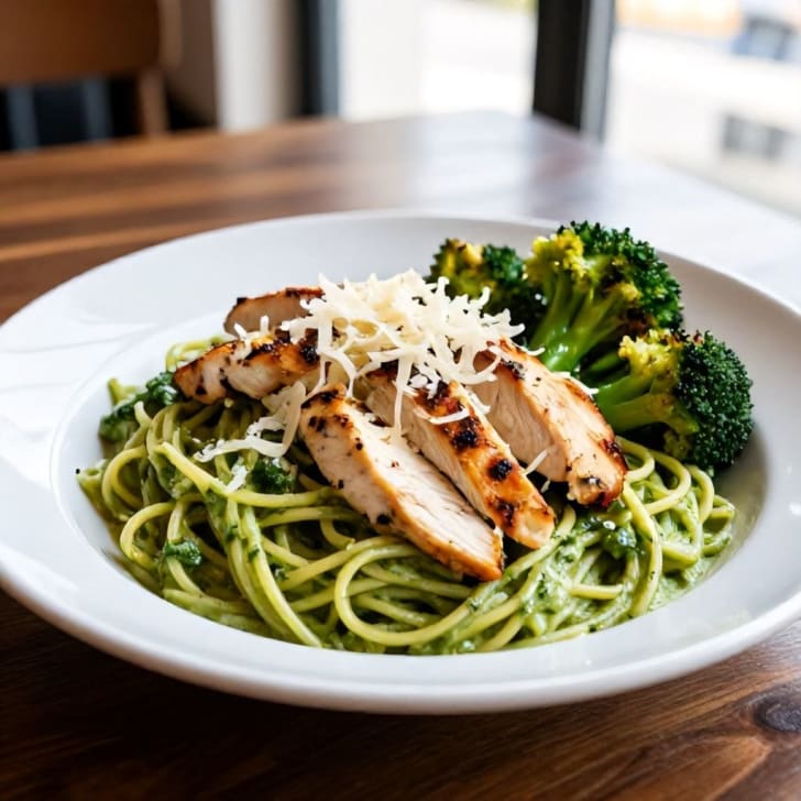 Gebratenes Hühnerfilet mit geröstetem Brokkoli und cremiger Pesto-Pasta