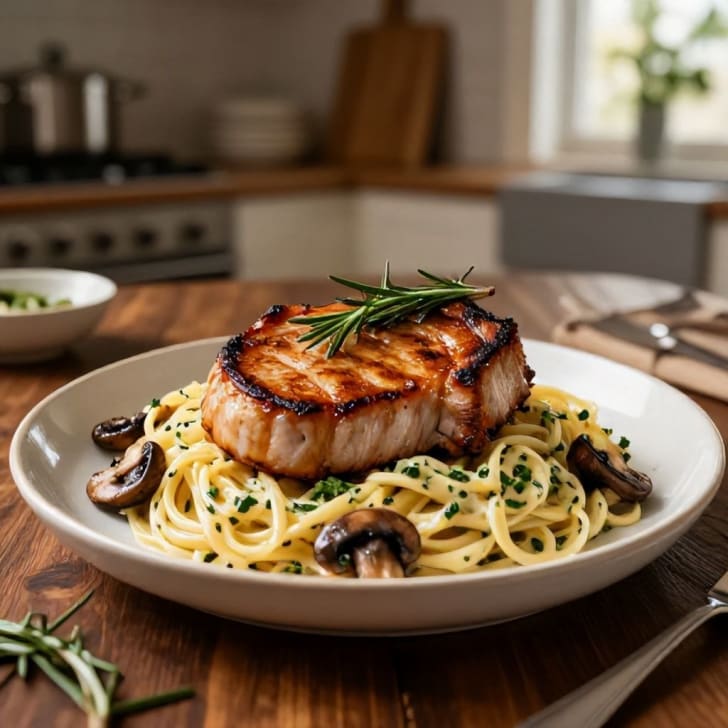 Gebratene Schweinskoteletts mit cremiger Rosmarin-Pilz-Pasta
