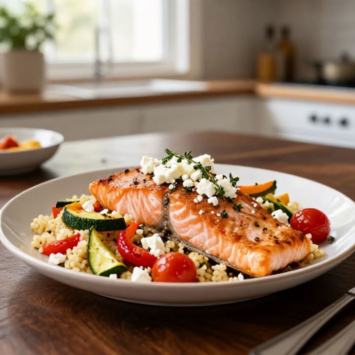 Gebackener Lachs mit mediterranem Couscous und geröstetem Gemüse
