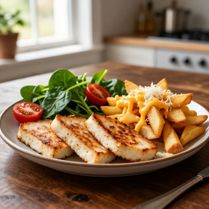 Gebratener Leberkäse mit käsigen Pommes Frites und frischem Spinat-Tomaten-Salat