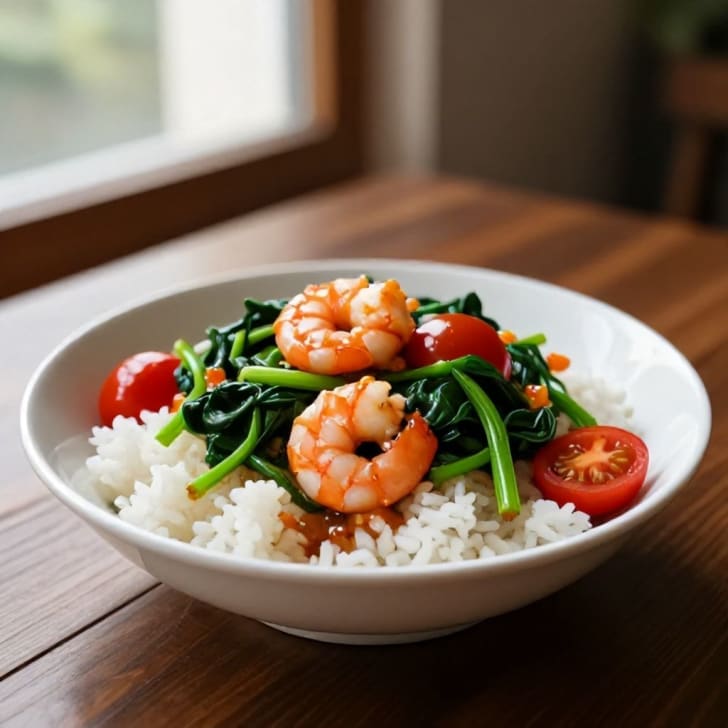 Pikantes Garnelen-Spinat-Pfannengericht mit lockerem Reis