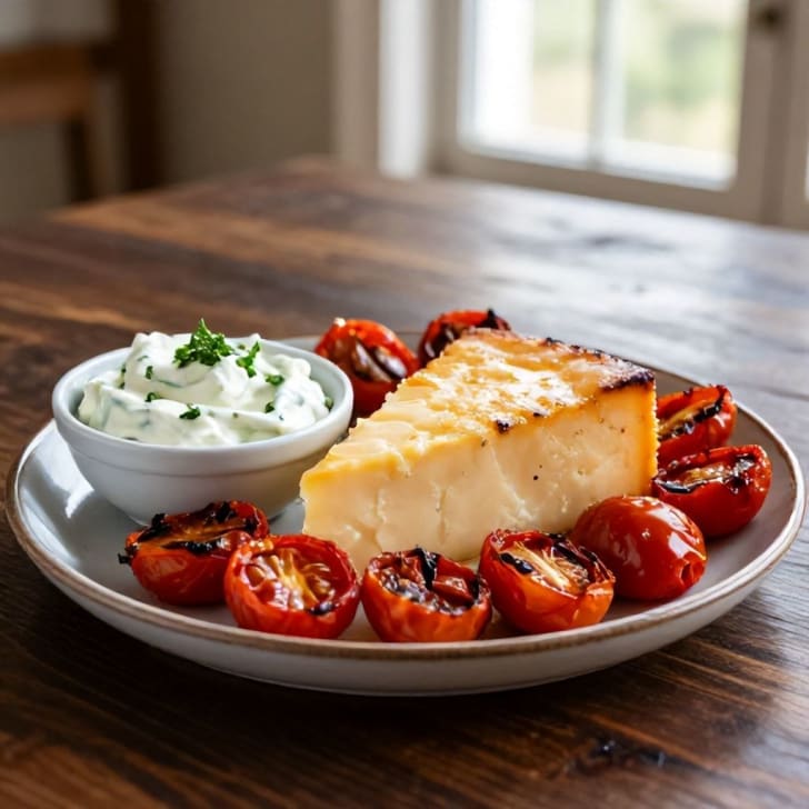Mediterraner Ofen-Hirtenkäse mit gerösteten Tomaten und cremigem Gurken-Quark-Dip