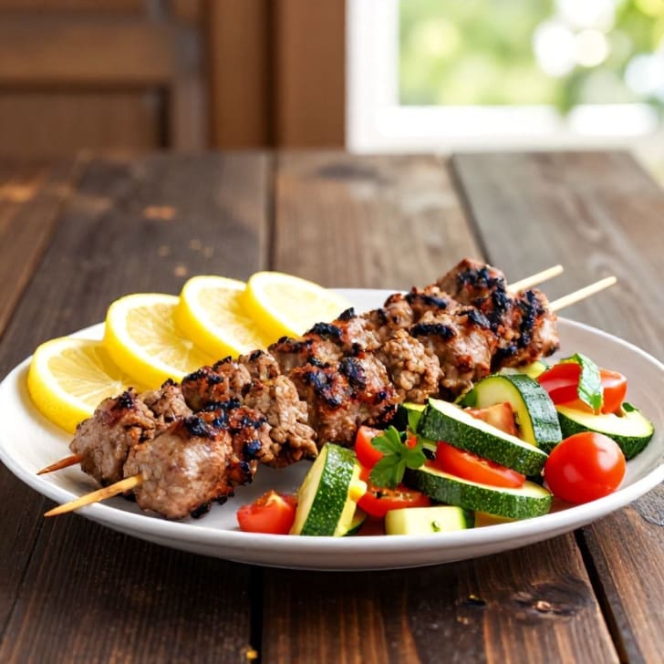 Mediterrane Faschiertes-Spieße mit frischem Zucchini- und Kirschtomaten-Salat