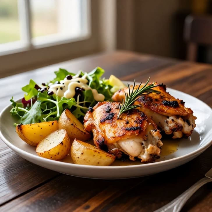 Knusprige Hähnchen-Oberkeulen aus der Pfanne mit Rosmarinkartoffeln und frischem Gartensalat