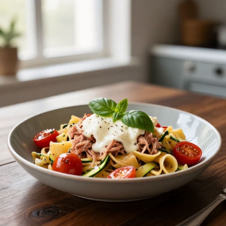 Pikante Thunfisch-Zucchini-Pasta mit frischem Mozzarella und Kirschtomaten