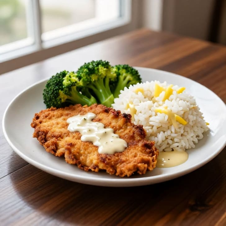 Cremiges Schweineschnitzel mit Brokkoli und Zitronenreis