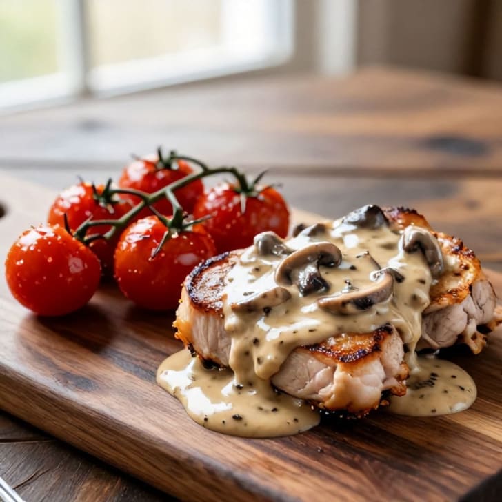 Gebratene Putenschnitzel mit cremiger Pilzsoße und gerösteten Cherrytomaten