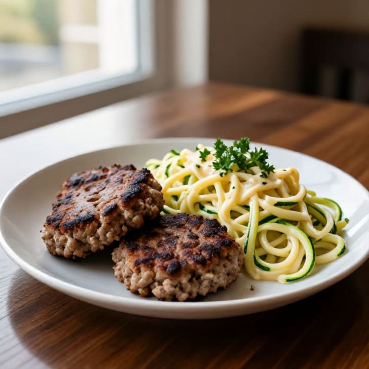 Herzhafte gemischte Faschiertes-Patties mit käsigen Zucchini-Nudeln