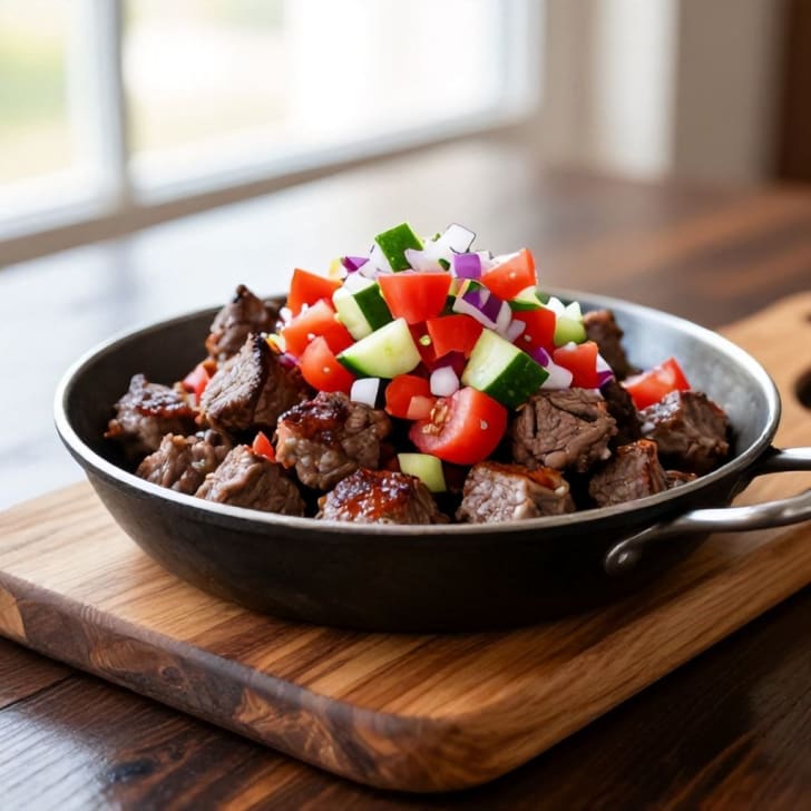 Schnelles Rinder-Cevapcici-Pfannengericht mit schneller Tomaten-Gurken-Salsa