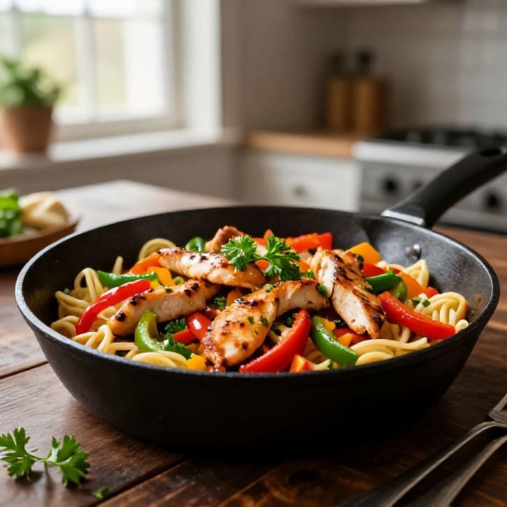 Schnelle Hähnchen-Paprika-Pasta-Pfanne
