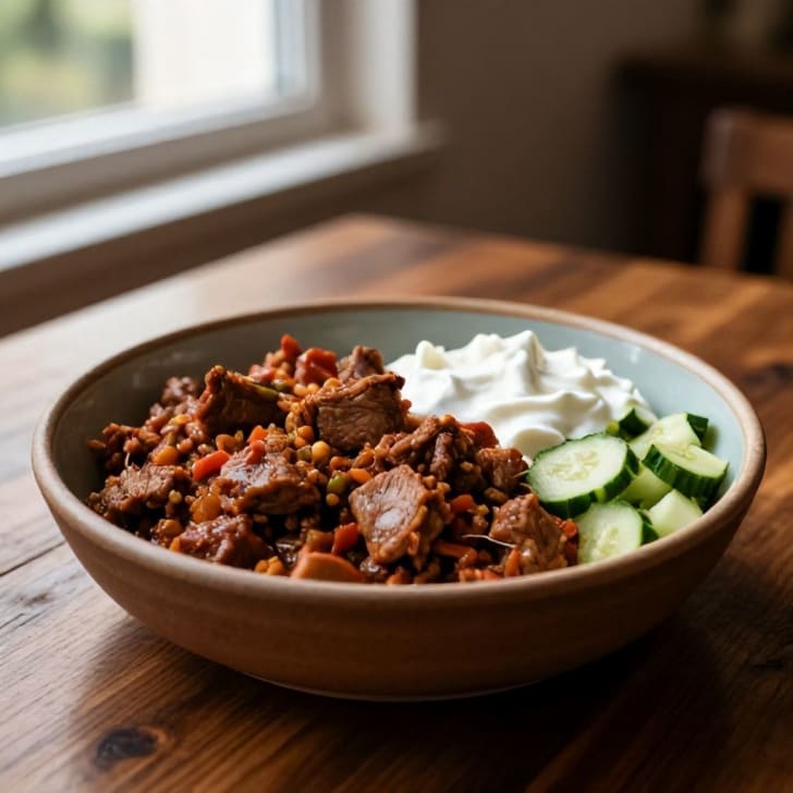 Herzhaftes Schweinegulasch mit griechischem Joghurt & Gurkensalat
