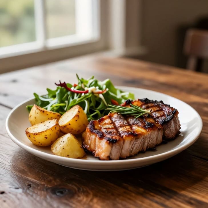 Gebratene Schweine-Grillsteaks mit Rosmarinkartoffeln und frischem Salat