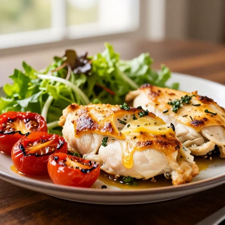 Zitronen-Kräuter-Hähnchen mit gerösteten Datterini-Tomaten und frischem Salat