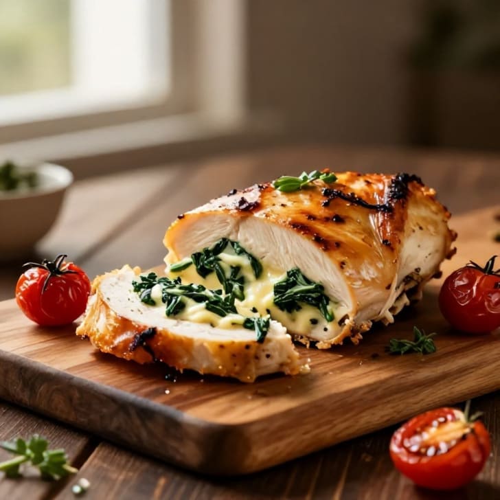 Gefüllte Putenbrust mit Spinat-Käse-Füllung und gerösteten Kirschtomaten