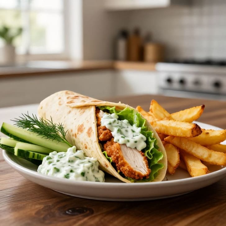 Knusprige Hähnchen-Steakie-Wraps mit Gurken-Dill-Dip und Ofenpommes