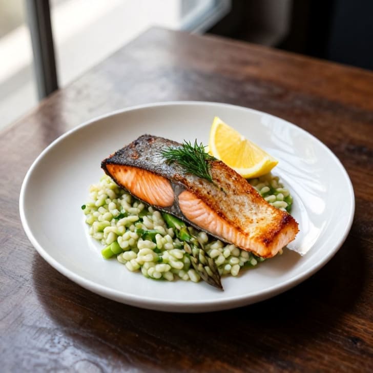 Gebratener Lachs mit Dill-Butter-Sauce und Spargelrisotto