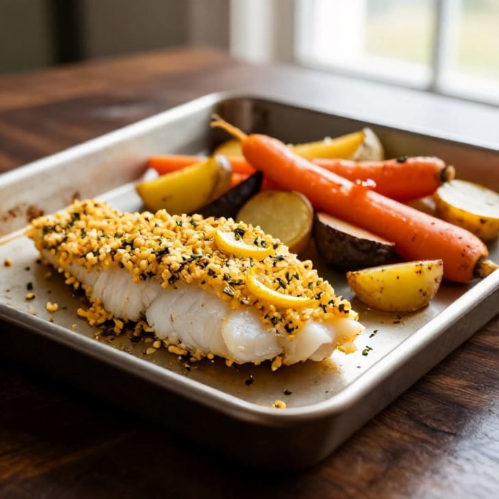 Zitronen-Kräuter-Krusten-Kabeljau mit geröstetem Wurzelgemüse