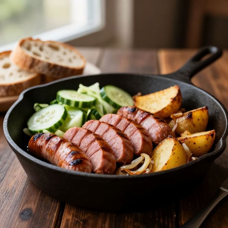 Herzhafte Käsegriller- & Pusztawürstel-Pfanne mit Bratkartoffeln und Gurkensalat