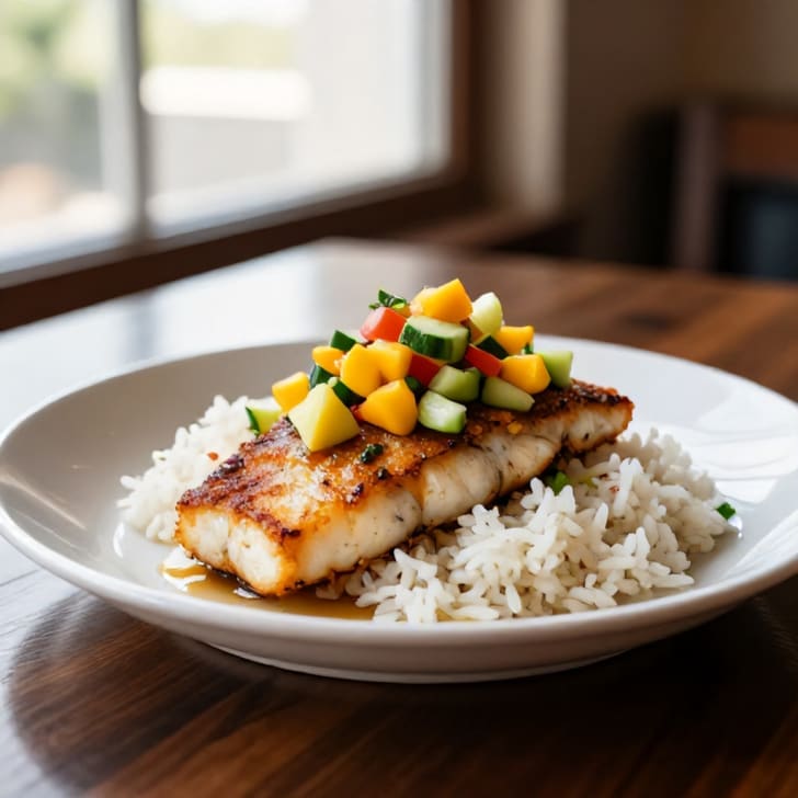 Gebratenes Fischfilet mit spritziger Mango-Gurken-Salsa