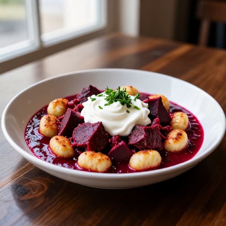 Modernes Rinder-Rote-Rüben-Gulasch mit knusprigen Gnocchi