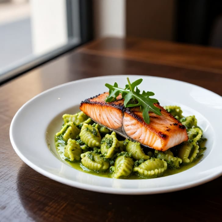 Cremige Pesto-Gnocchi mit gebratenem Lachsfilet