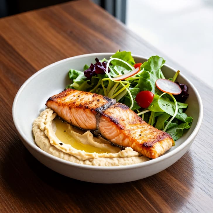 Lachs-Bowl mit Frucht-Hummus und buntem Salat