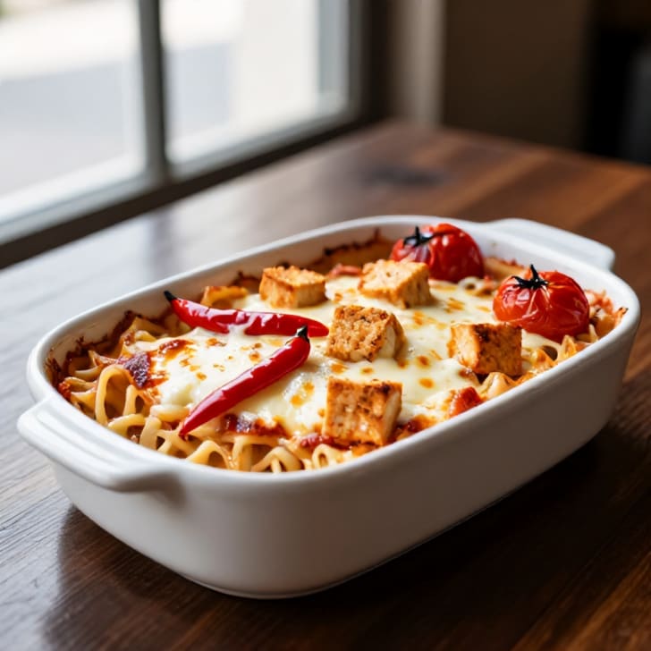 Mediterraner Tofu-Mozzarella-Nudelauflauf