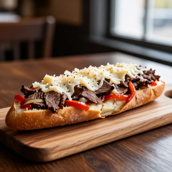 Rindfleisch-Streifen mit Grana Padano auf Baguette