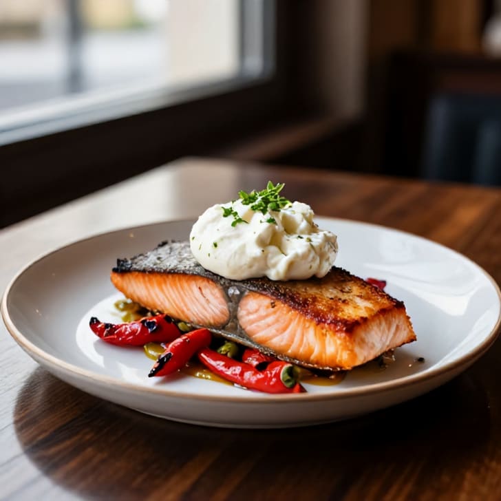 Lachs mit Röstpaprika und cremiger Burrata