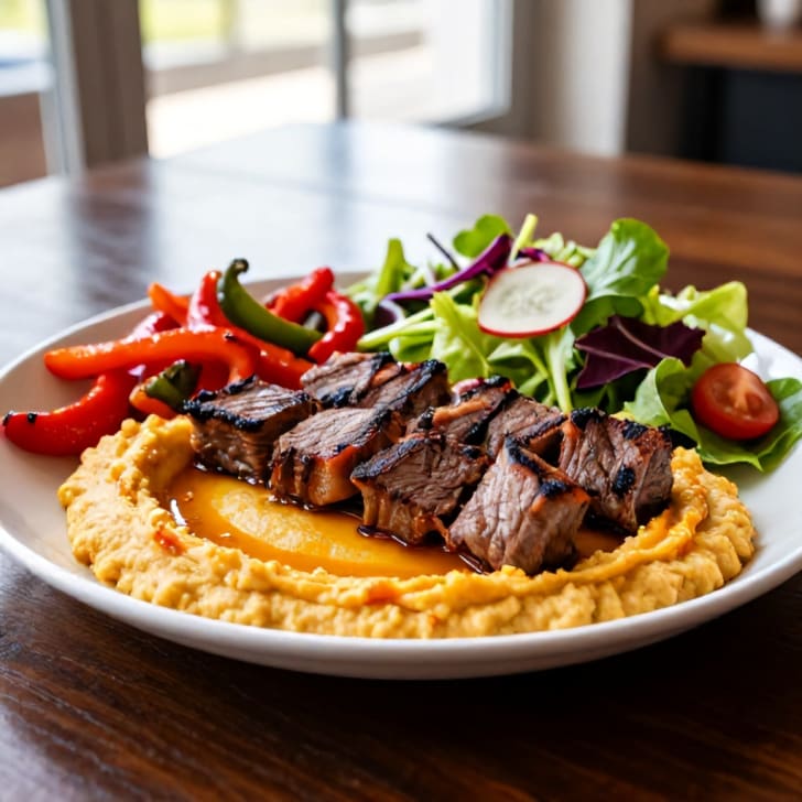Rindercevapcici mit Frucht-Hummus und Paprika