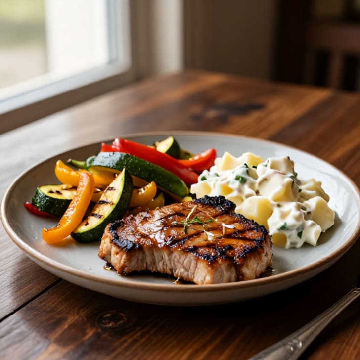 Herzhafte Schweinskoteletts mit Grillgemüse & Kartoffelsalat