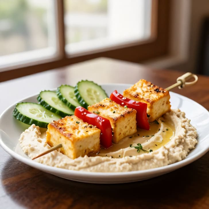 Knusprige Tofu-Paprika-Spieße mit Hummus