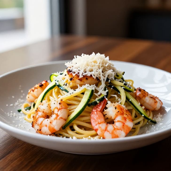 Knoblauch-Garnelen-Pasta mit Zucchini & Grana Padano