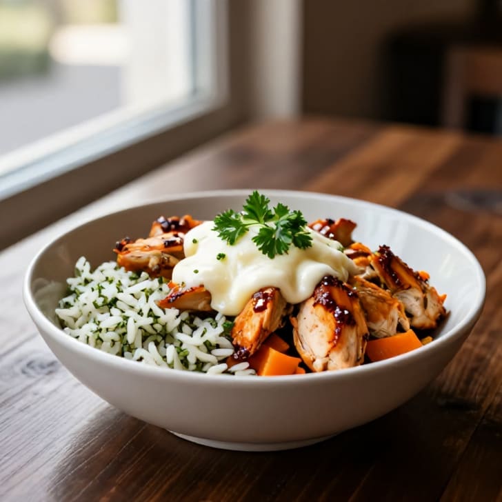 Überbackene Hendl-Gyros-Bowl mit Kräuterreis