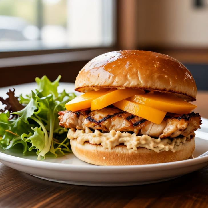 Tropische Hähnchen-Burger mit Mango-Hummus-Sauce