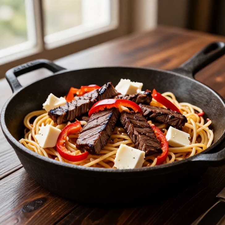 Steak-Pasta-Pfanne mit Spitzpaprika und Bergkäse