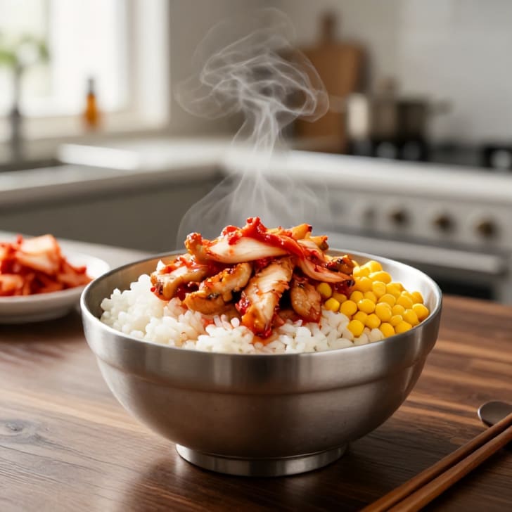 Würzige Kimchi-Hähnchen-Bowl mit Mais
