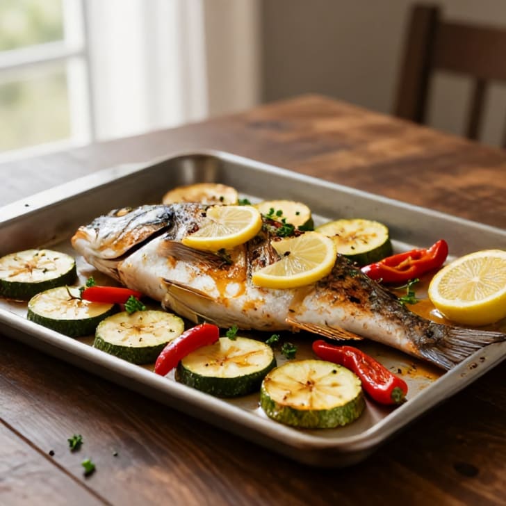 Mediterrane Goldbrasse aus dem Ofen mit Zucchini