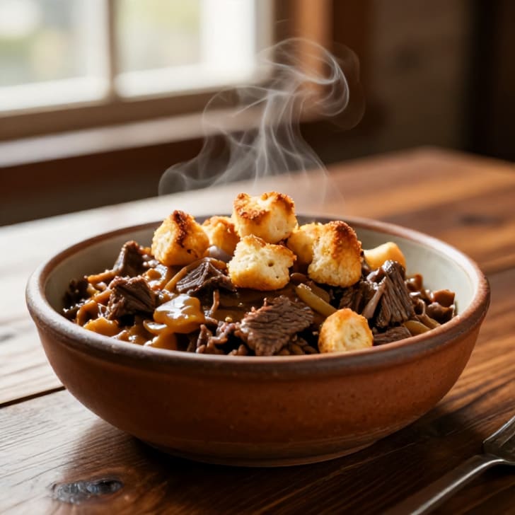Bio-Rinder-Bier-Ragout mit Laugen-Croutons