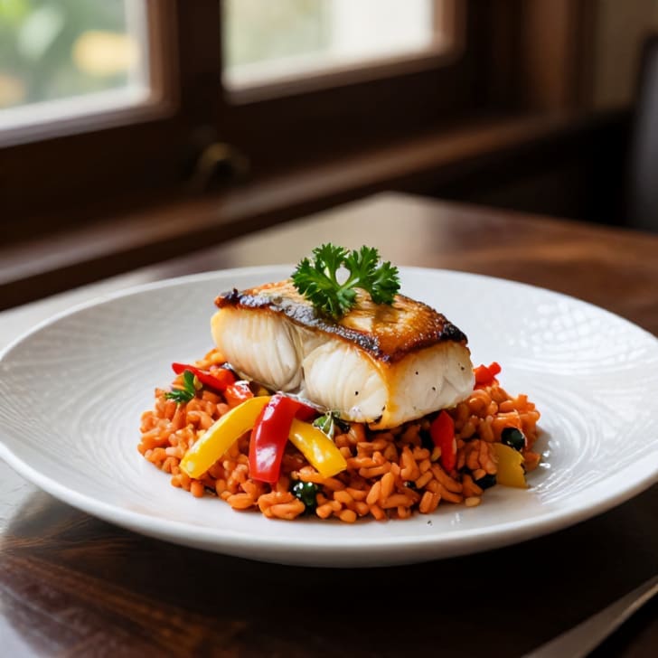 Pfannengebratenes Kabeljaufilet mit cremigem Paprikareis