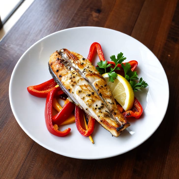 Überbackenes Zanderfilet mit Kräuterkruste und warmem Paprikasalat