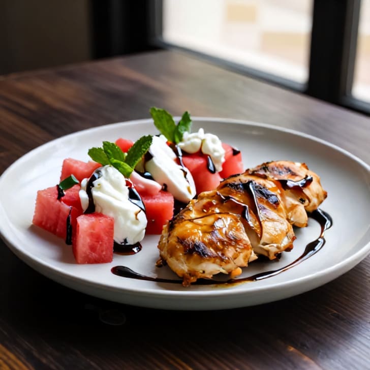 Gebratenes Hühnerschnitzel mit Wassermelonen-Burrata-Salat