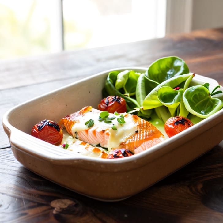 Ofengebackener Lachs mit Weichkäse und Cherrytomaten