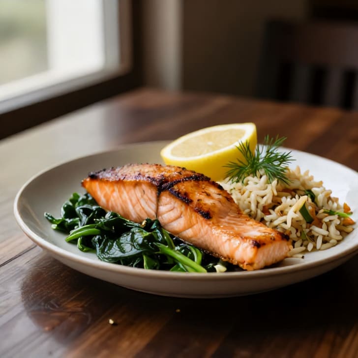 Pfannengebratener Lachs mit Zitronen-Kräuter-Reis und Spinat